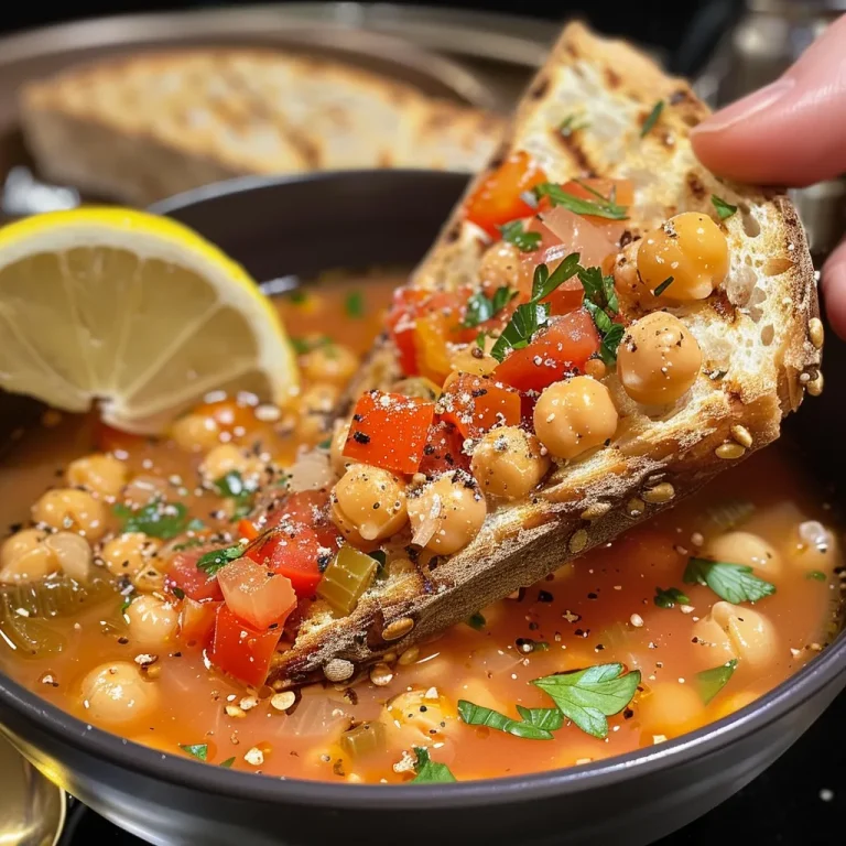 Close-up view of a bowl of Chickpea Tomato Soup topped with parsley and a drizzle of olive oil.