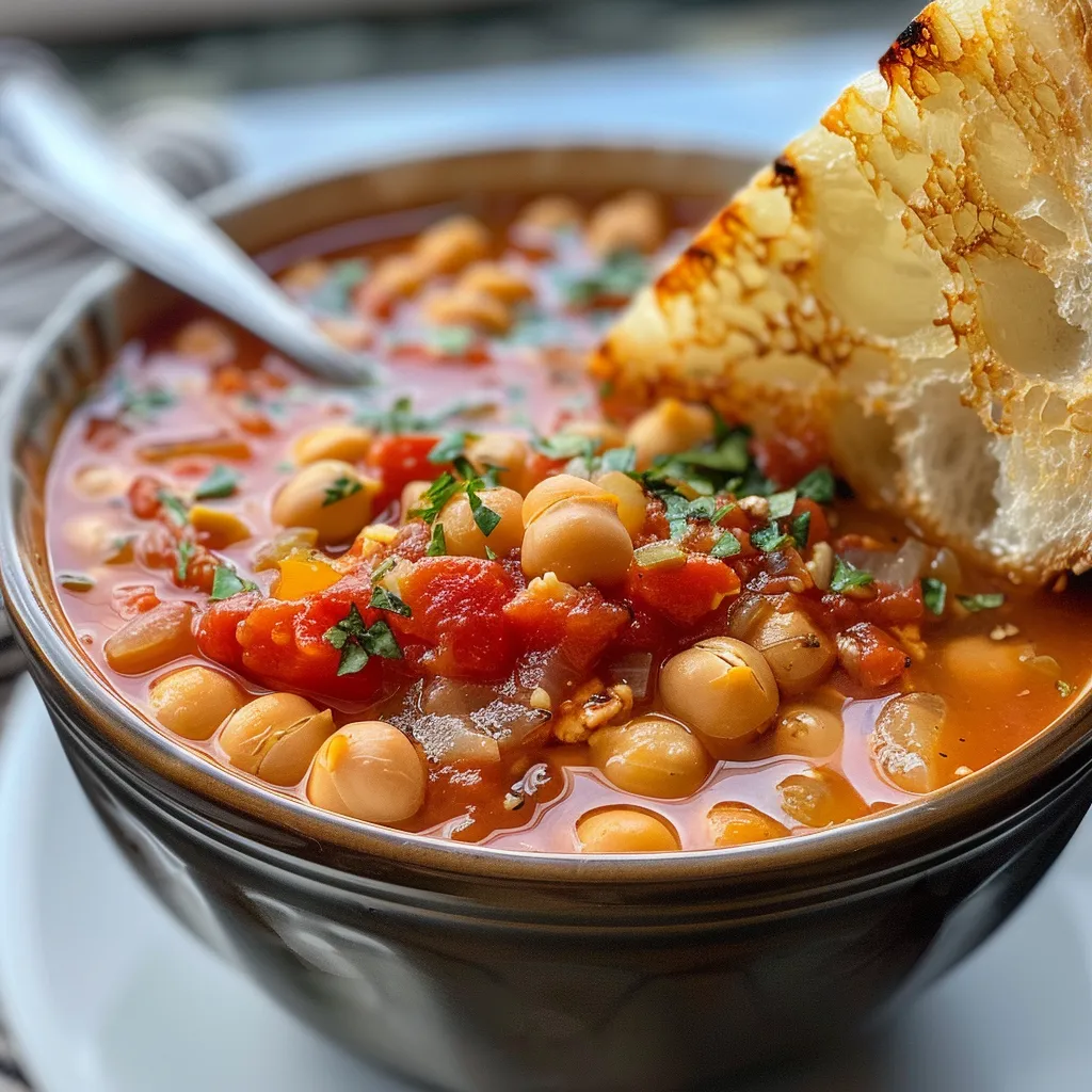 Side view of a steaming bowl of Chickpea Tomato Soup with crusty bread nearby.