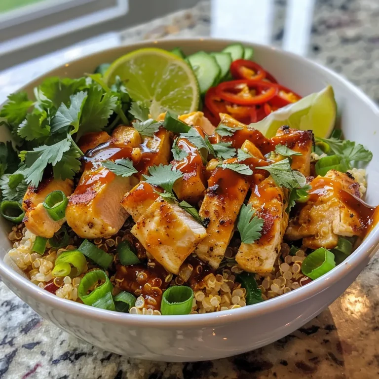 A close-up view of a Chili-Lime Chicken and Quinoa bowl featuring colorful vegetables.
