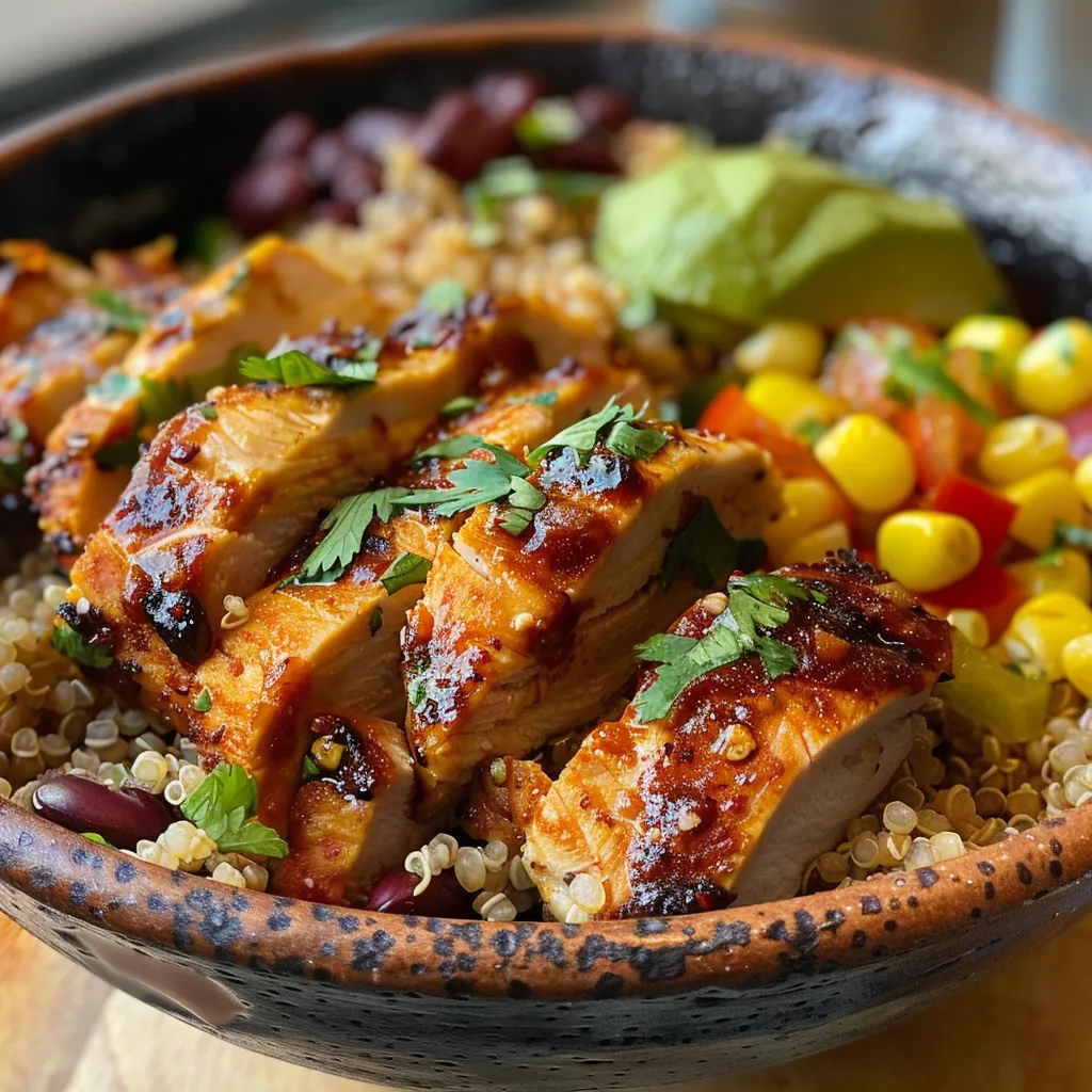 Juicy chicken slices atop a bed of quinoa with lime wedges and fresh herbs.