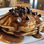 Close-up view of fluffy chocolate chip pancakes stacked on a plate.