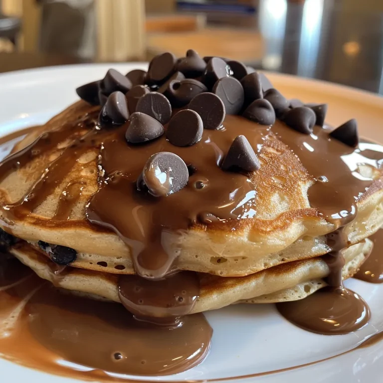 Close-up view of fluffy chocolate chip pancakes stacked on a plate.