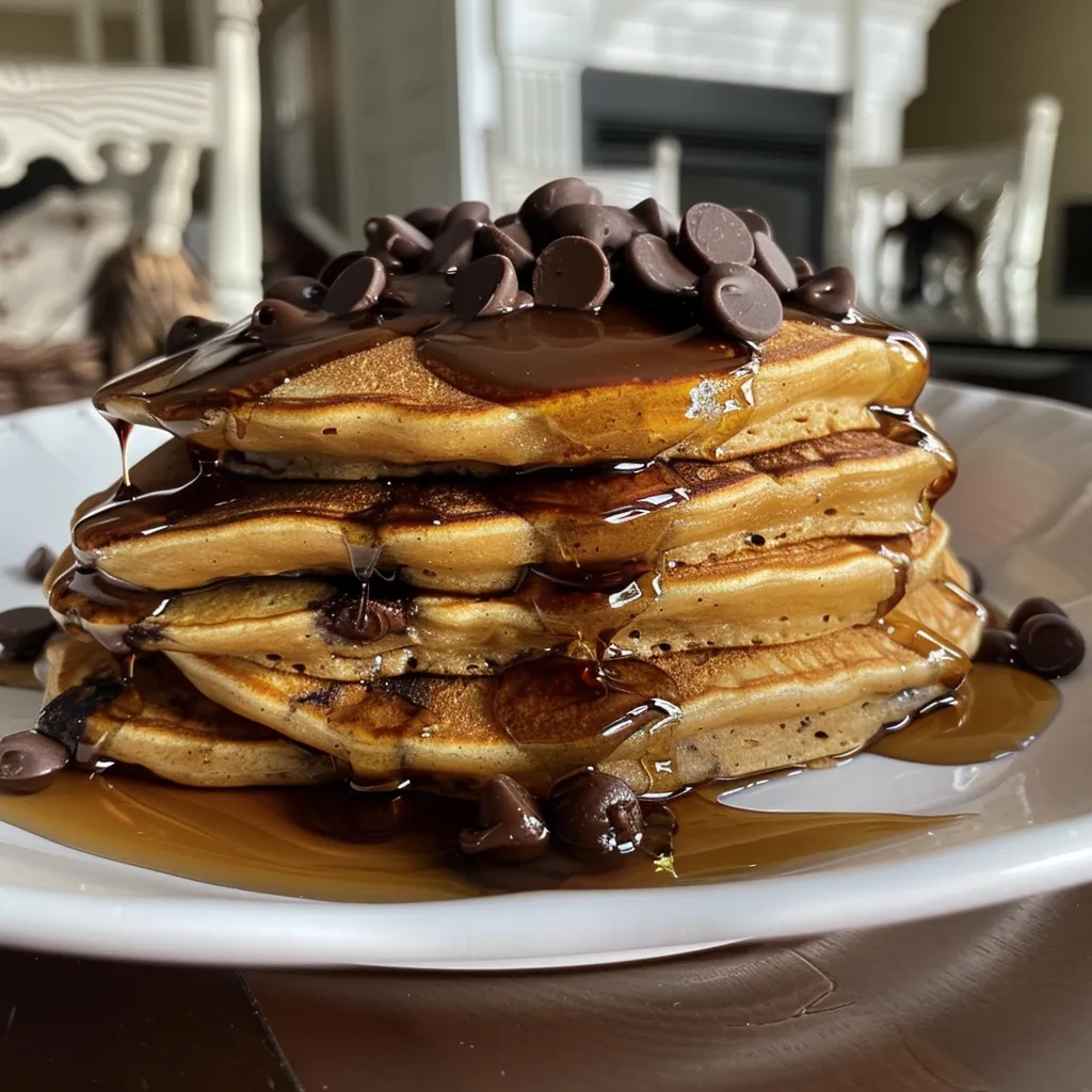 Side view of golden brown chocolate chip pancakes with melted chocolate.