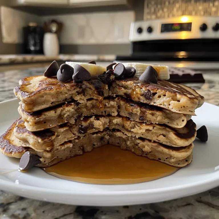 Close-up of fluffy chocolate chip protein pancakes with a drizzle of syrup.