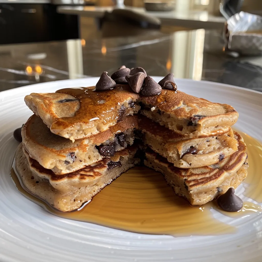Side view of golden-brown protein pancakes topped with mini dark chocolate chips.