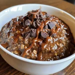 Close-up view of creamy chocolate oatmeal topped with chocolate chips and fresh fruit.