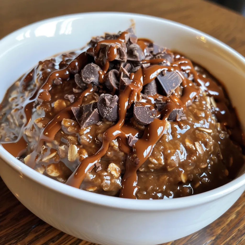 Close-up view of creamy chocolate oatmeal topped with chocolate chips and fresh fruit.