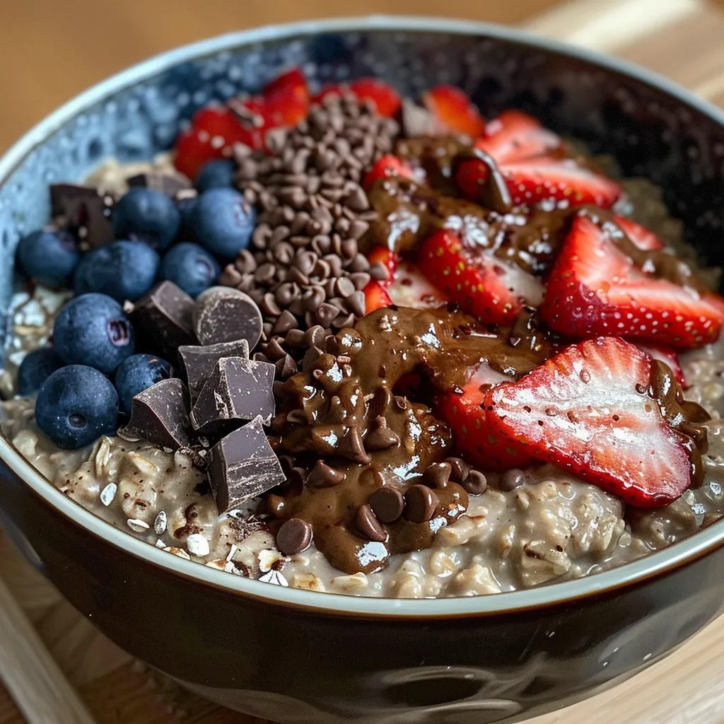 Side view of a bowl of chocolate oatmeal, showcasing its rich, creamy texture.