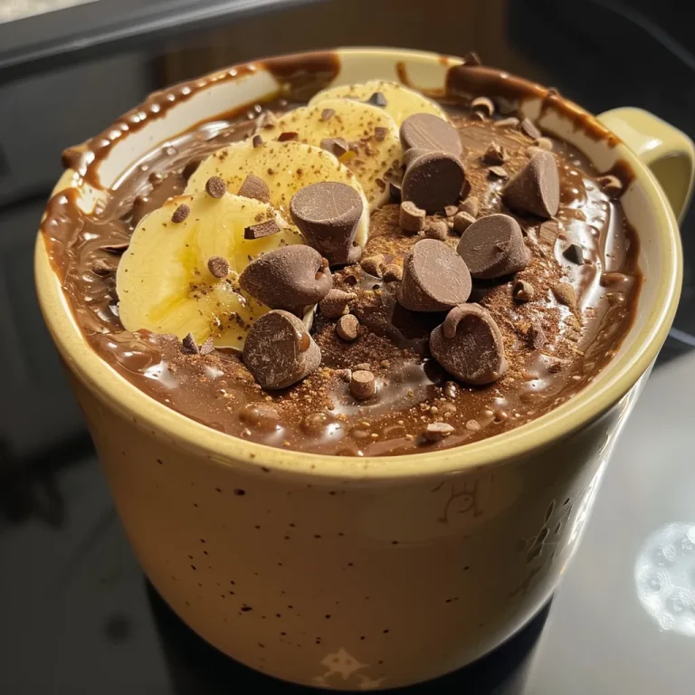 Close-up side view of a chocolate protein mug cake topped with banana slices.