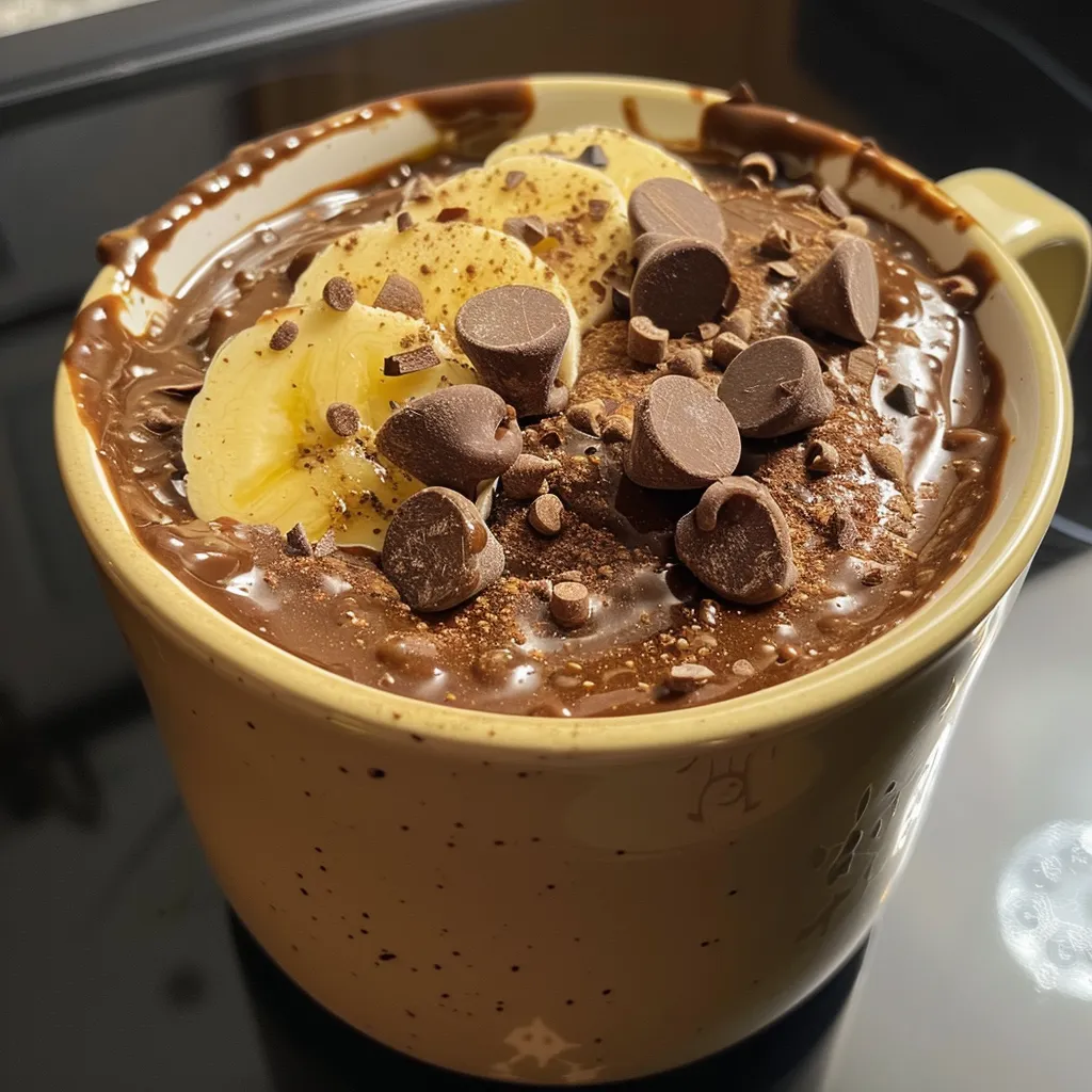 Close-up side view of a chocolate protein mug cake topped with banana slices.