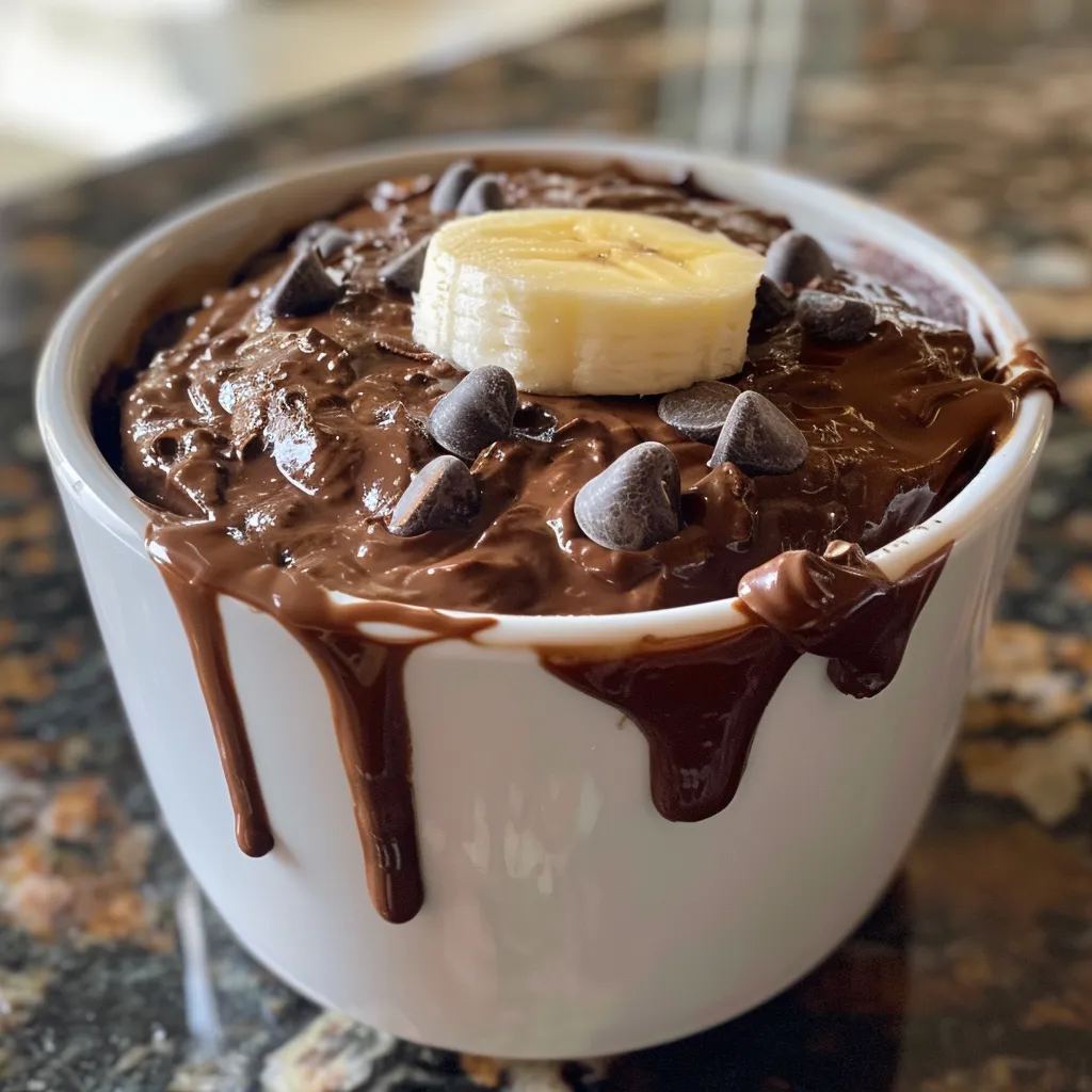 Juicy chocolate protein mug cake displayed in a mug with banana garnish.
