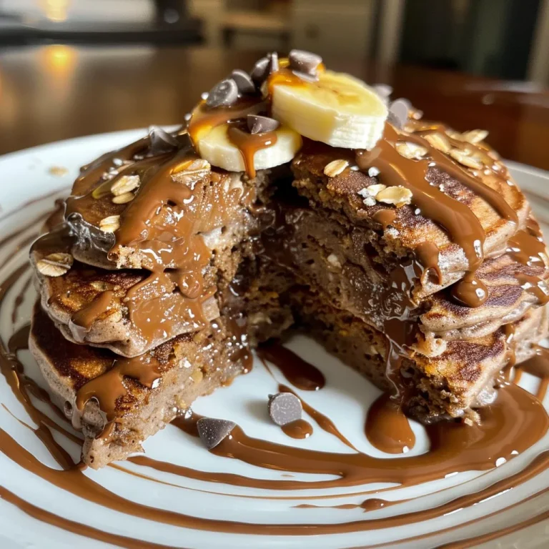 Close-up view of chocolate protein pancakes topped with melted chocolate and chia seeds.