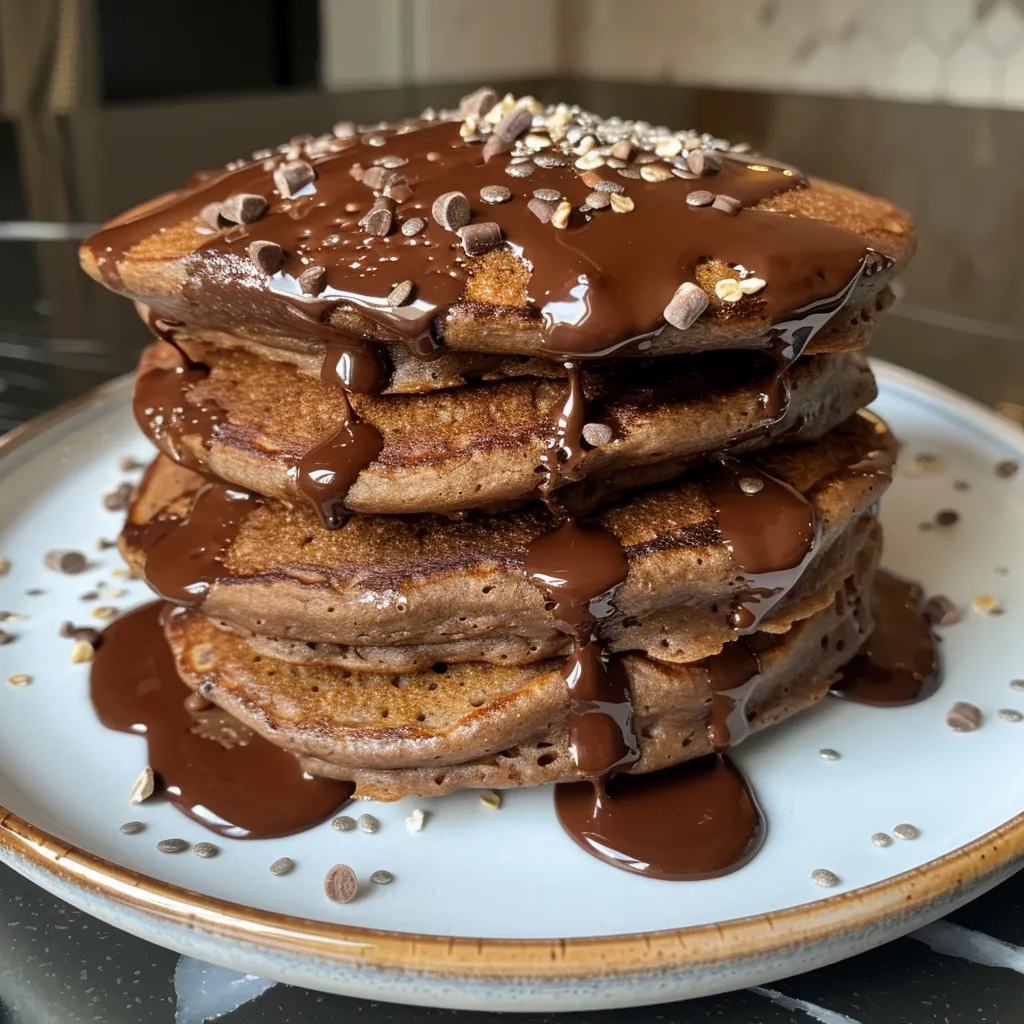 Side view of stacked chocolate protein pancakes with banana slices and cocoa powder.