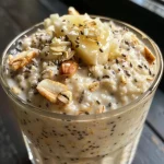 Close-up of creamy vanilla overnight oats topped with chia seeds.