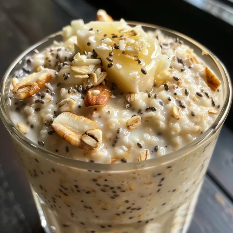 Close-up of creamy vanilla overnight oats topped with chia seeds.