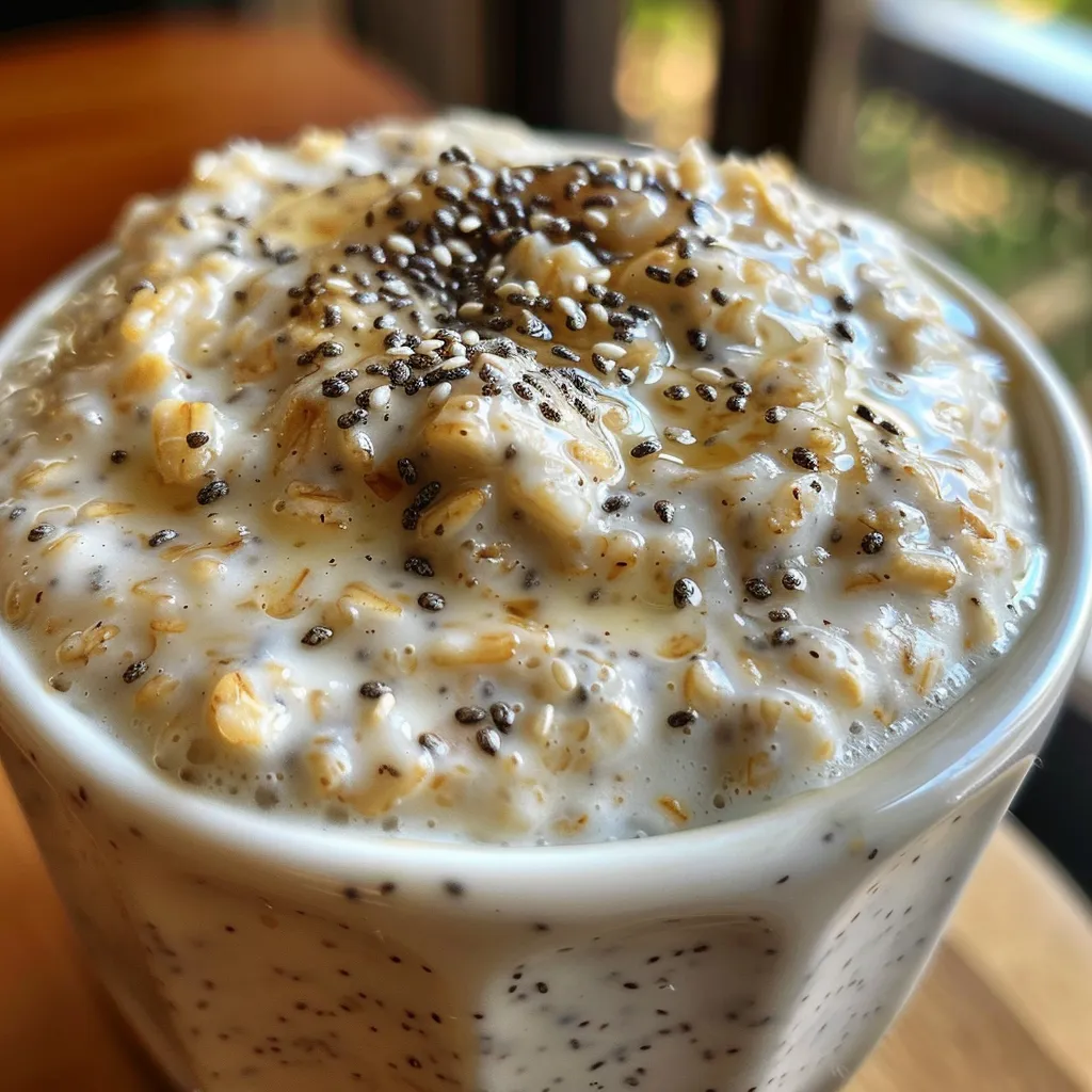 Side view of classic vanilla overnight oats in a glass jar with a spoon beside it.