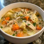 Close-up view of a bowl of comforting chicken soup with potatoes and vegetables.