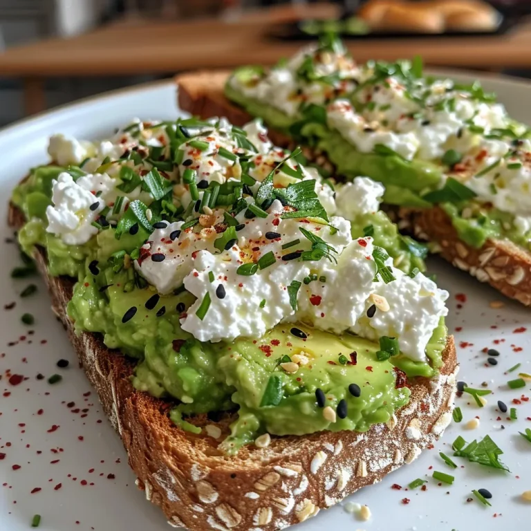 Close-up of colorful avocado and cottage cheese toast on whole-grain bread.
