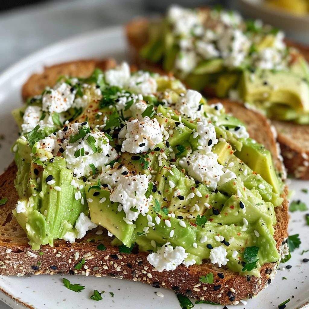Side view photo showcasing a delicious stack of avocado toast topped with cottage cheese.