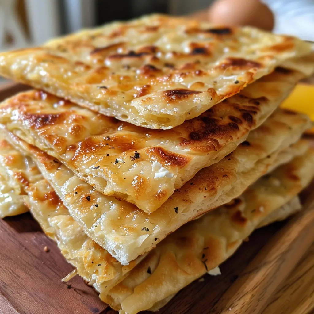 Side view of fluffy cottage cheese flatbreads, displaying their soft texture and golden crust.