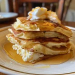 Close-up view of golden-brown chocolate chip pancakes stacked on a plate.