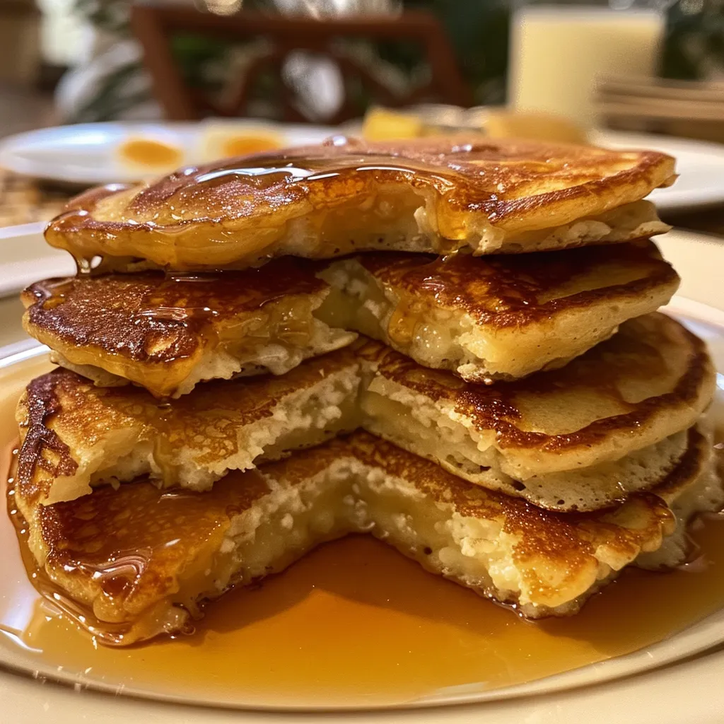Side view of a fluffy stack of cottage cheese pancakes with chocolate chips.
