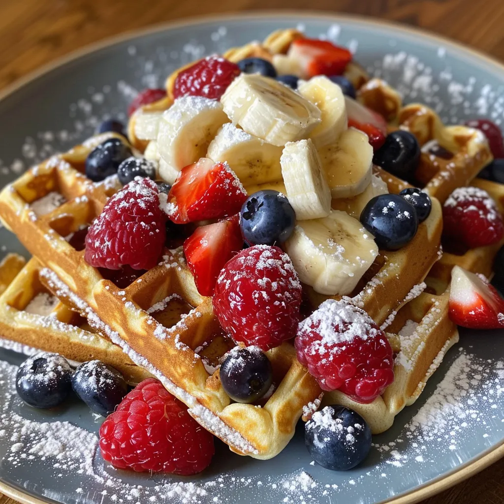 Side view of fluffy cottage cheese waffles drizzled with maple syrup.