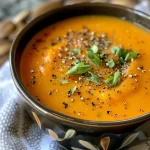 A bowl of vibrant orange carrot ginger soup garnished with green herbs.