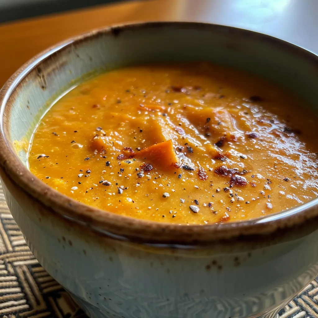 Close-up view of creamy carrot ginger soup with a swirl of coconut milk.