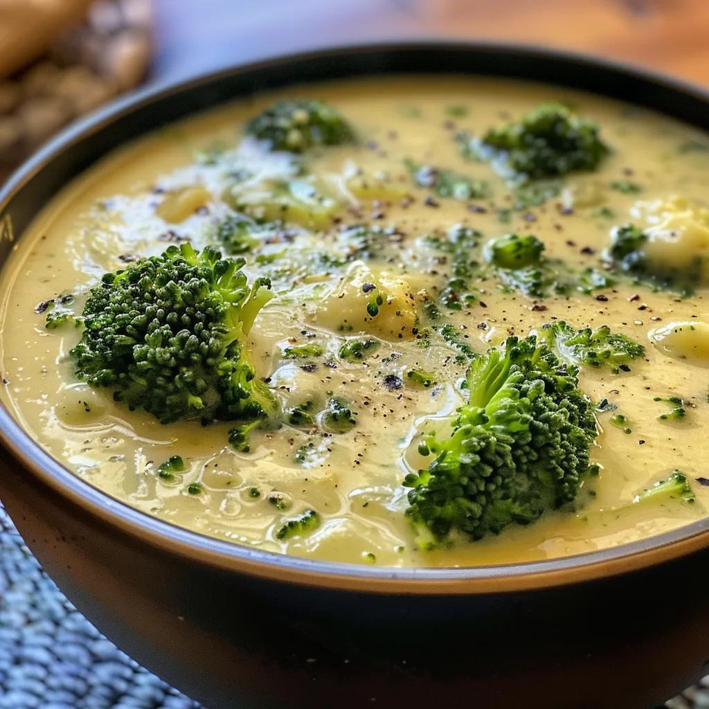 Rich green broccoli soup in a rustic bowl, with rich creamy texture.