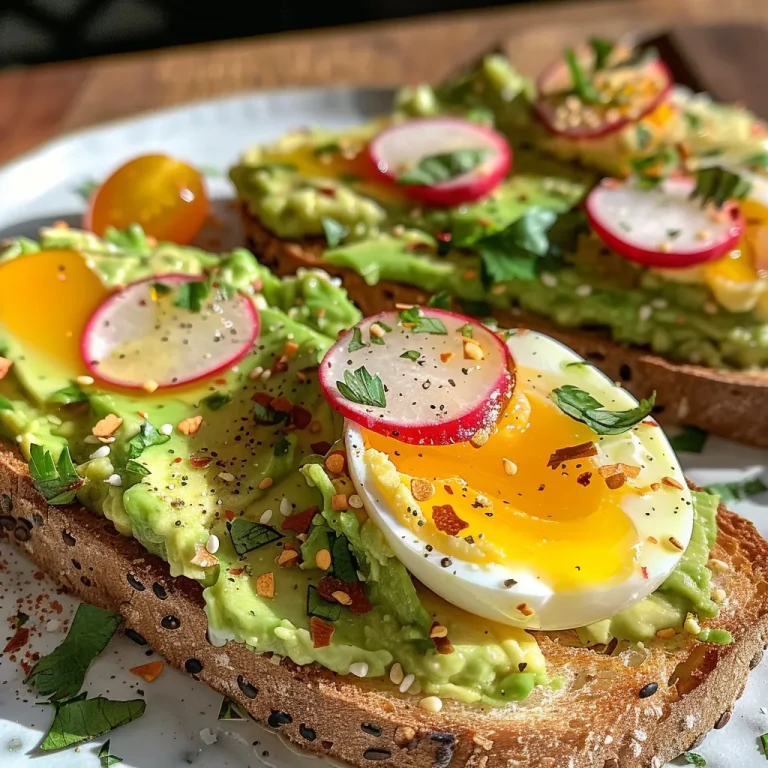 Close-up side view of creamy avocado toast topped with a fried egg, garnished with herbs and cherry tomatoes.