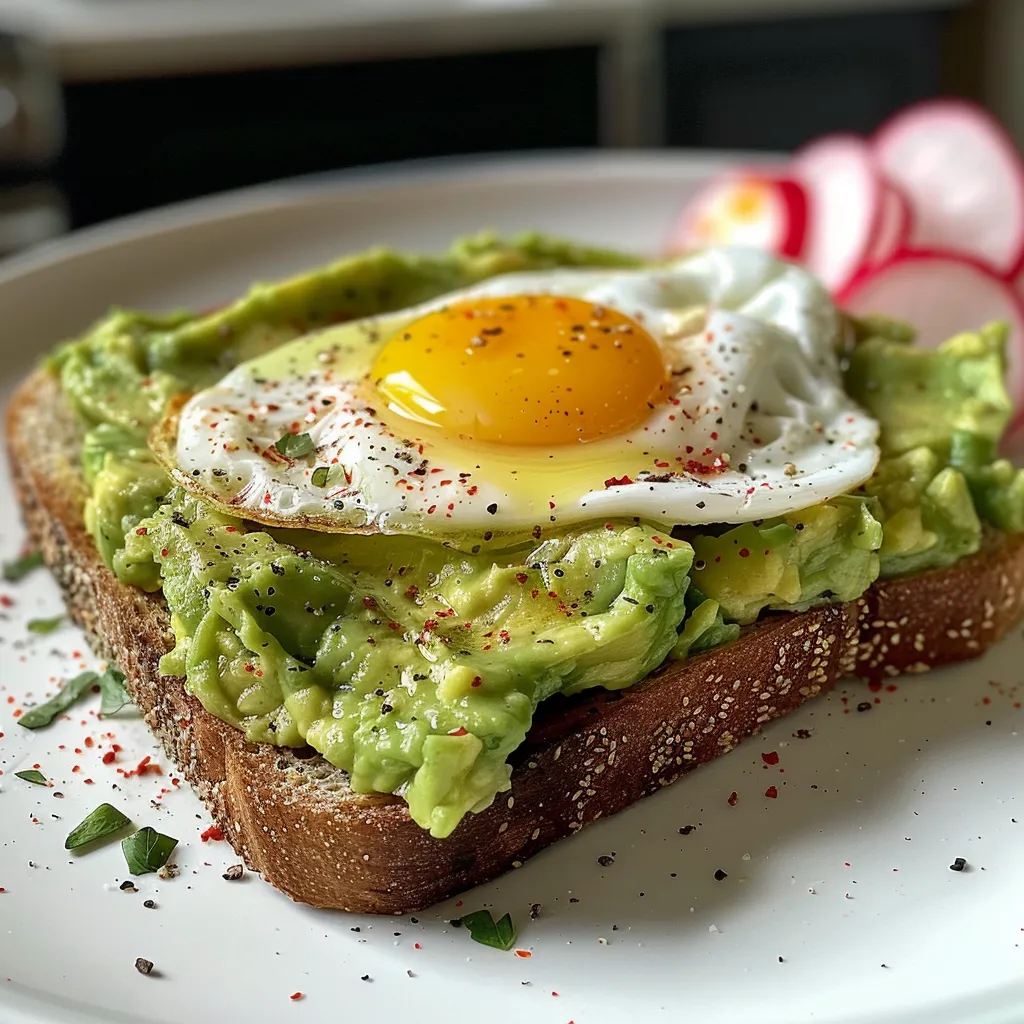 Thick slices of toasted sourdough with mashed avocado and a soft-boiled egg, surrounded by fresh ingredients.