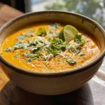 Close-up view of creamy carrot coconut ginger soup topped with toasted coconut flakes.