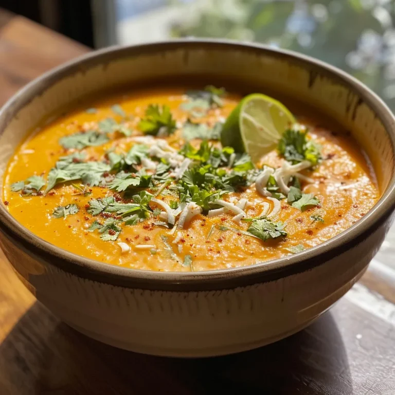 Close-up view of creamy carrot coconut ginger soup topped with toasted coconut flakes.