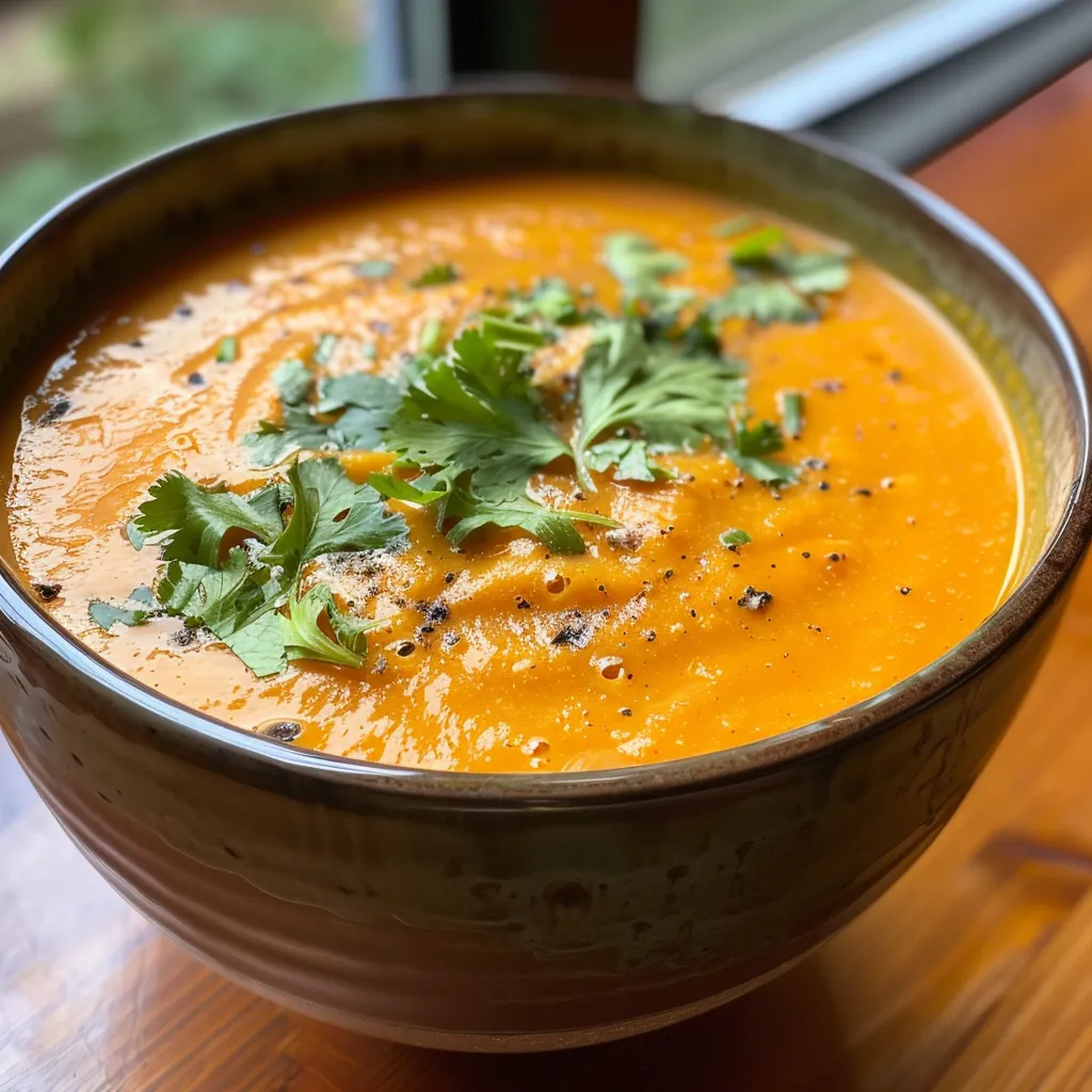 A vibrant bowl of carrot coconut soup with fresh cilantro and lime wedges beside it.