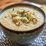 Close-up of creamy cauliflower soup garnished with herbs in a bowl.