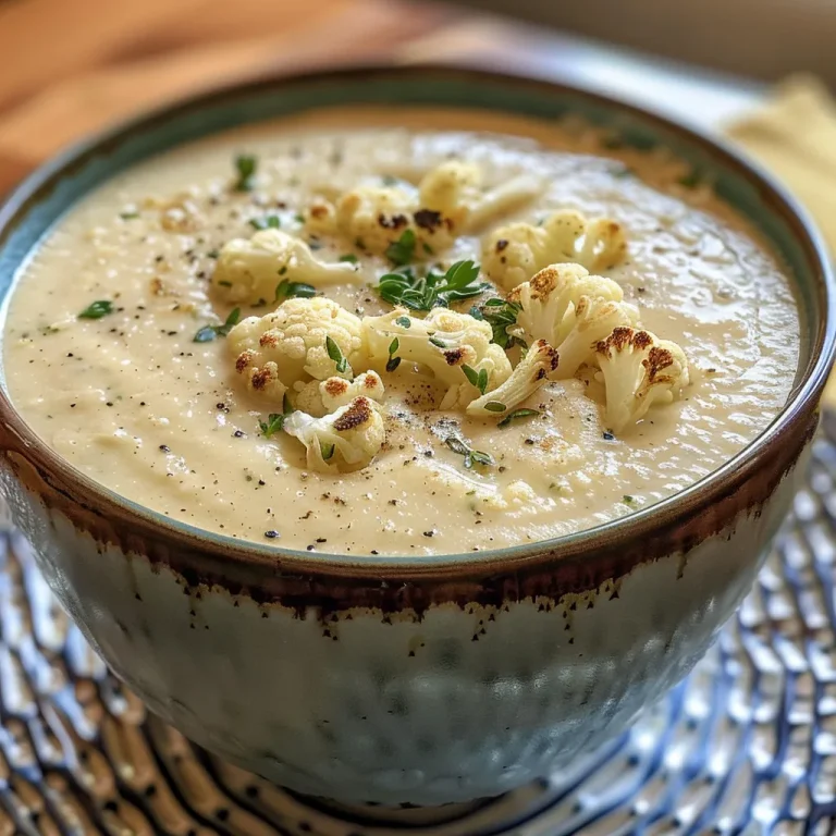 Close-up of creamy cauliflower soup garnished with herbs in a bowl.