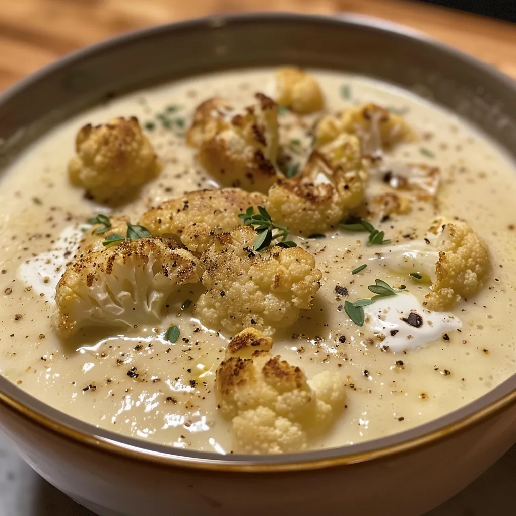 A side view of delicious, steaming cauliflower soup in a rustic bowl.