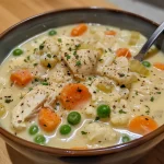 Close-up of a bowl of creamy chicken comfort soup with visible chunks of chicken and vegetables.