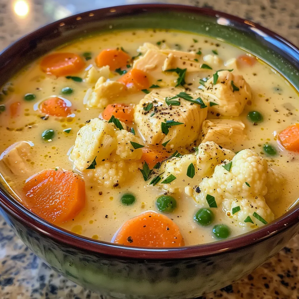 Side view of a hearty creamy chicken soup, showcasing diced carrots, peas, and cauliflower.