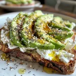 Close-up view of creamy cottage cheese avocado toast topped with Everything but the Bagel seasoning on sourdough bread.