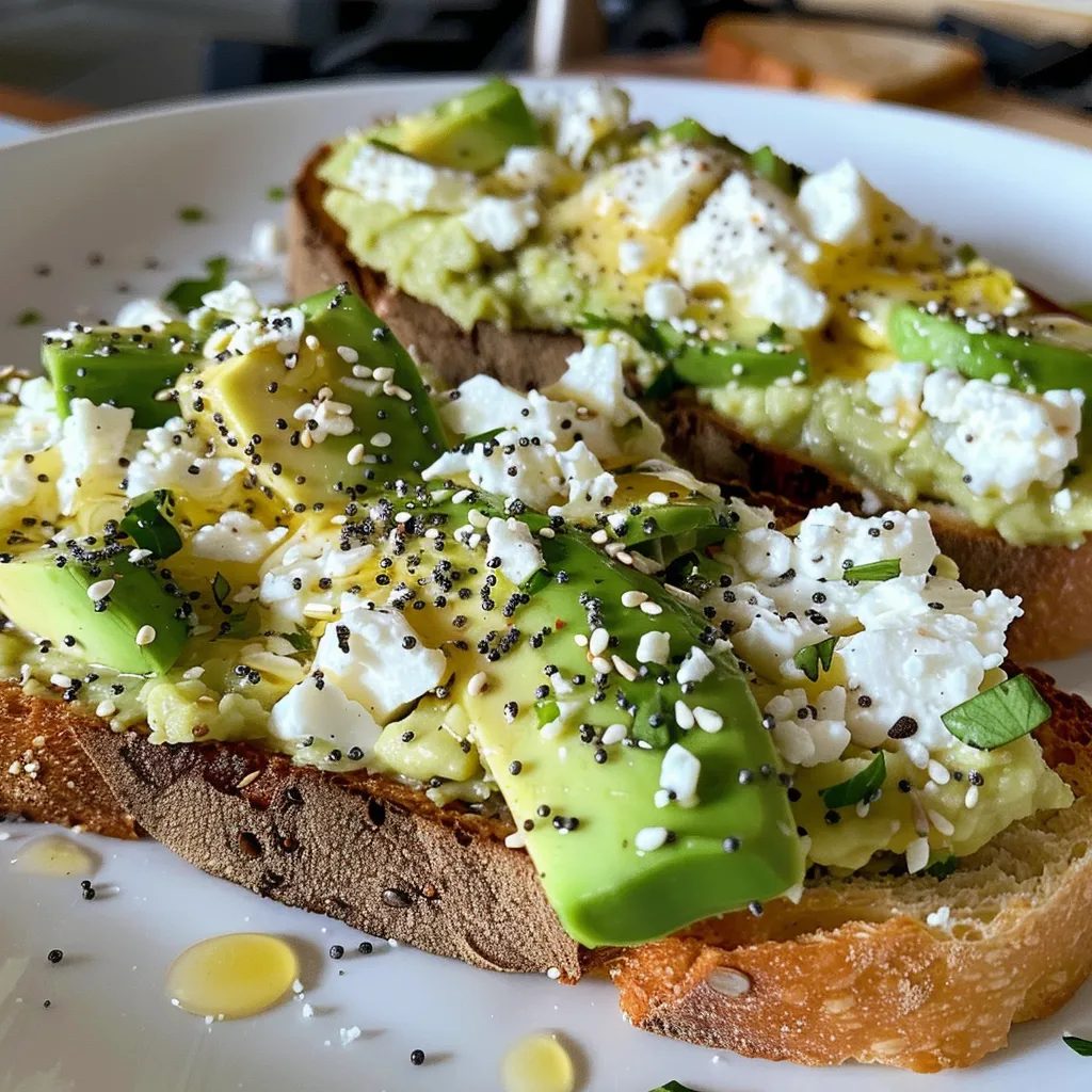 Side view of two slices of sourdough bread spread with creamy cottage cheese and mashed avocado, garnished with lemon and seasoning.