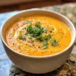 Close-up view of creamy ginger carrot soup in a bowl garnished with herbs.
