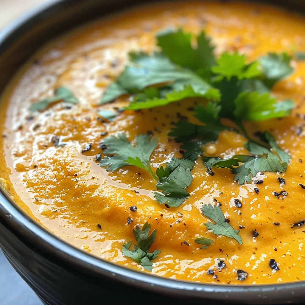 Side view of a vibrant orange carrot soup with a smooth texture and fresh herbs on top.