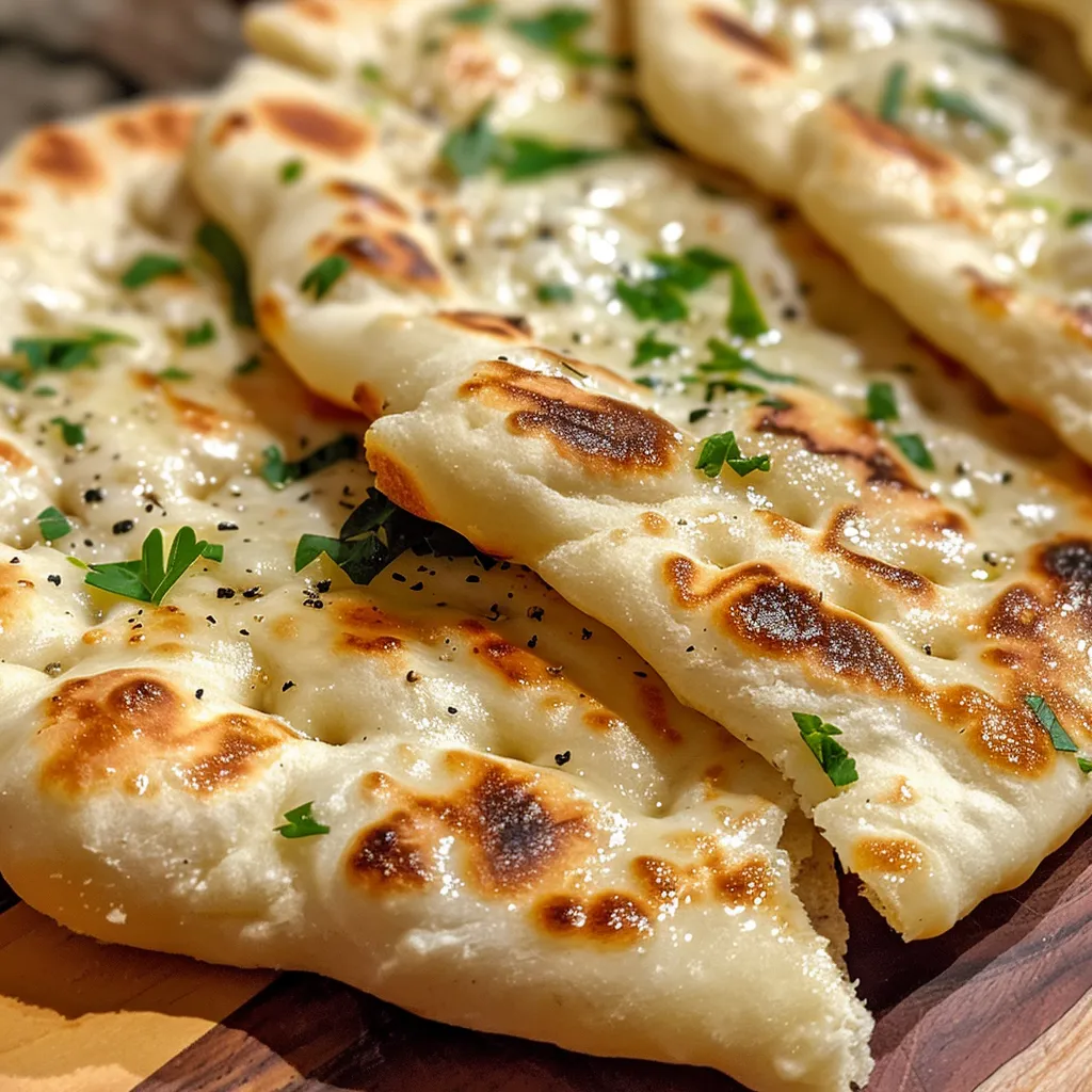 Side view of a freshly baked Turkish flatbread topped with creamy Greek yogurt and parsley.