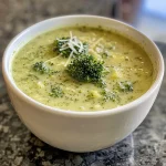 Close-up of creamy Italian broccoli soup in a rustic bowl topped with fresh parsley.