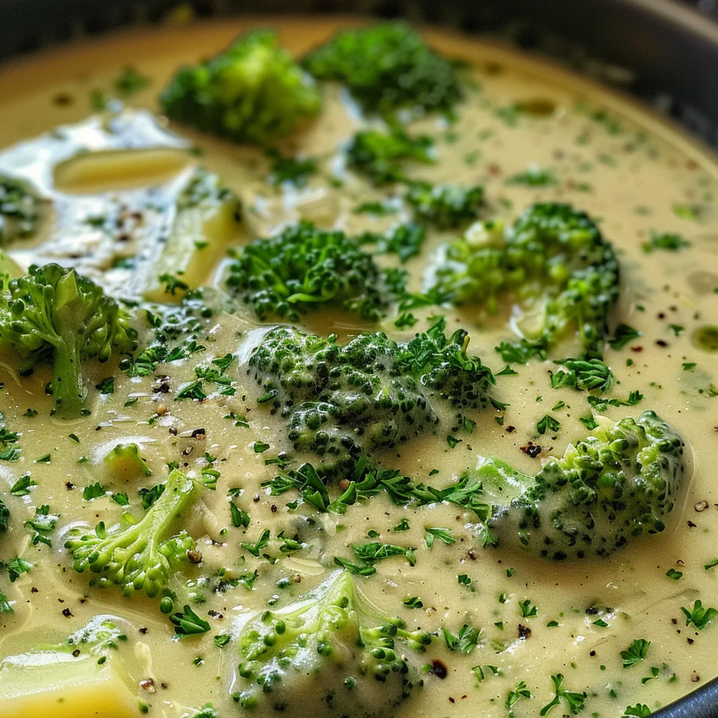 Side view of a vibrant green broccoli soup garnished with Parmesan and red pepper flakes.