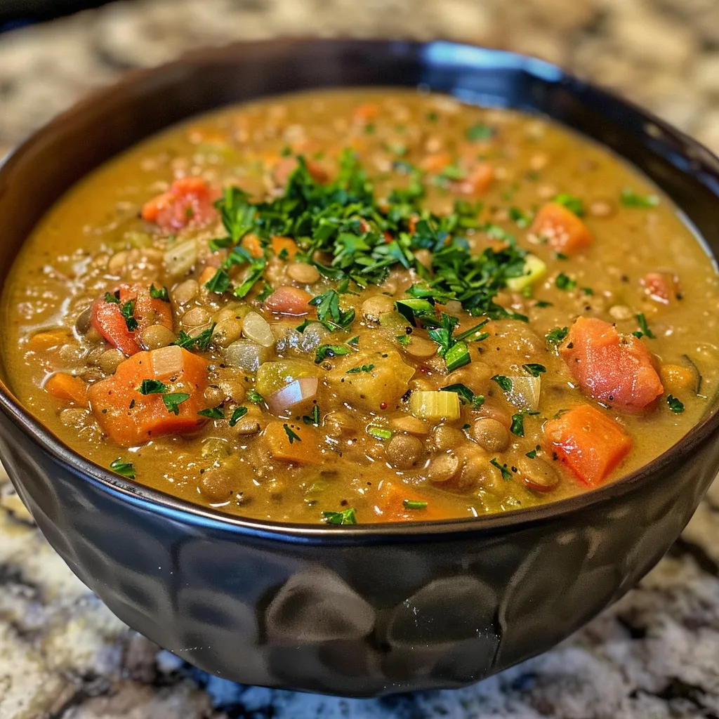 Side view of a bowl filled with thick, creamy lentil and vegetable soup, showcasing texture.