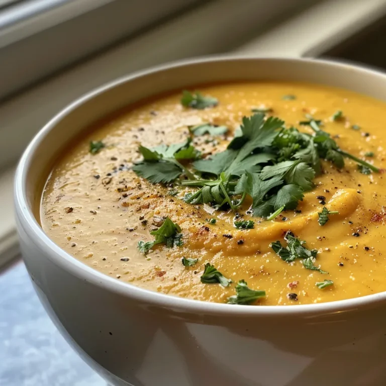 Close-up view of a creamy pumpkin soup garnished with cilantro.