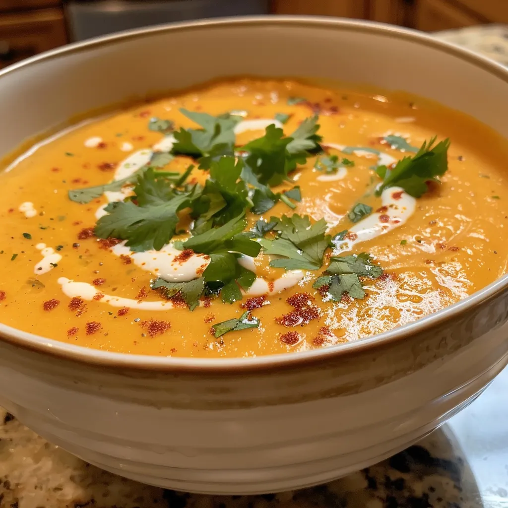 Side view of a bowl filled with vibrant orange creamy pumpkin soup, featuring a drizzle of cream.